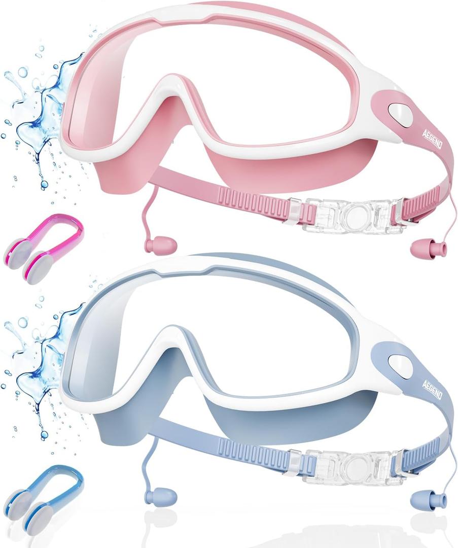 Aegend New Adult Wide View Swim Goggles, Anti-Fog/UV No Leak Swimming Goggles with Ear Plugs for Men & Women (Clear Blue & Clear Pink)