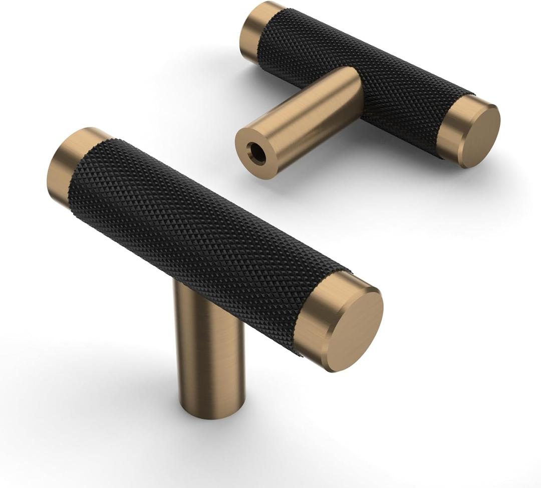 Asidrama 10 Pack Knurled Matte Black and Champagne Bronze Kitchen Cabinet Knobs Dresser Knobs Drawer Knobs Single Hole Cabinet T Bar Pull Handles for Kitchen Wardrobe Cupboard