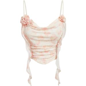 SHENHE Women's Mesh Cowl Neck Camisole 3D Flower Rosette Ruffle Fairy Boho Tank Top (Light Pink)