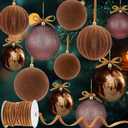 Menkxi 7 Pcs Large Velvet Christmas Balls Ornaments Shiny Glitter Flocked Christmas Tree Ornaments Hanging Decorations with Ribbon for Xmas Holiday (Brown,4 Inch)