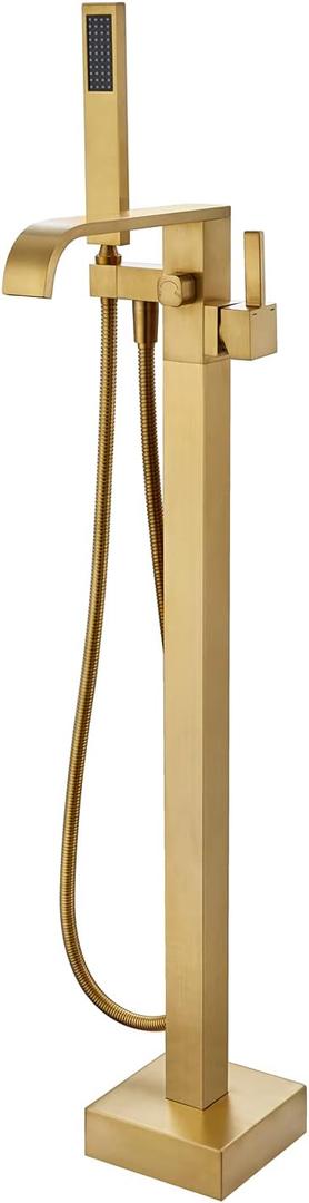Freestanding Bathtub Faucet Tub Filler Brushed Gold Floor Mount Faucets Brass Single Handle with Hand Shower