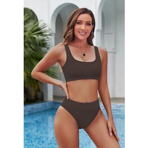 Pink Queen Women's Crop Top High Waisted Cheeky Bikini Set Two Piece Swimsuits (M, Brown)