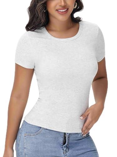 EasyFair Womens T Shirts Basic Short Sleeve Crew Neck Slim Fit Tees Summer Workout Casual Bodycon Tops 2025 Light Grey, Size: X-Large