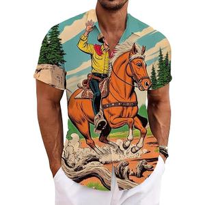 Cowboy Shirts for Men Western Shirts Rodeo Bowling Outfit Country Tshirt Mens Button Down Shirt Graphic T-Shirts Multicolor, Small 