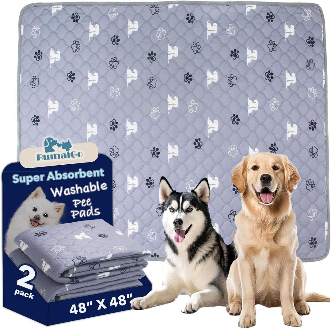 BumaiGo Washable Pee Pads for Dogs, 2-Pack 48x48in Reusable Puppy Pads, 100% Waterproof and Non-Slip Whelping Pads, Super Absorbent Pet Training Pads for Potty Training, Playpens, Crates and Couches