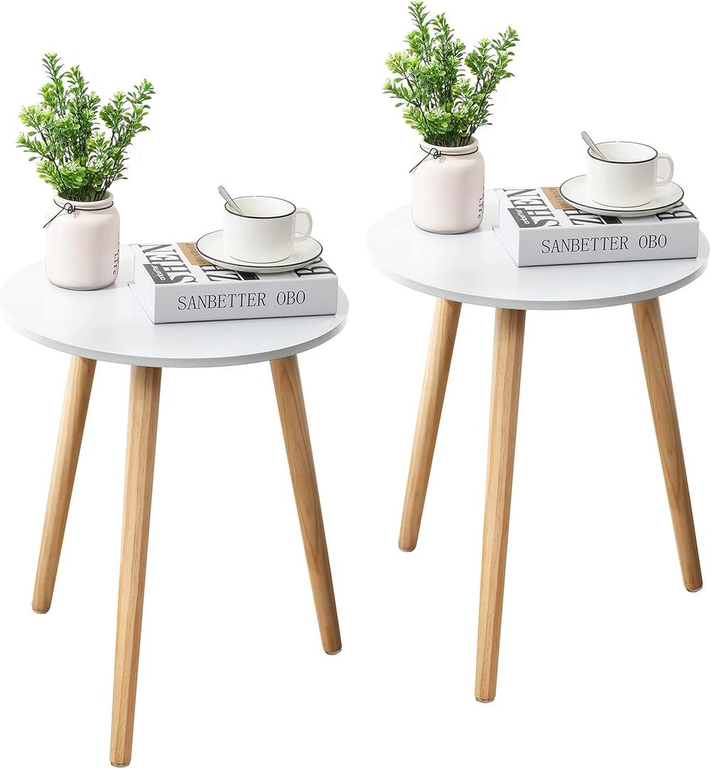 Apicizon Round Side Table Set of 2, White Nightstand Coffee End Table for Living Room, Bedroom, Small Spaces, Modern Home Decor Bedside Table with Natural Wood Legs, 16.5 Inches, 16.5D x 16.5W x 20.5H in
