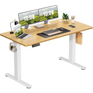 Sweetcrispy Electric Adjustable Height Standing Desk - 55 x 24 inch Sit to Stand Up Desk with Splice Board, Rising Home Office Computer Table with 2 Hook and Wire Hole for Work (Nature)