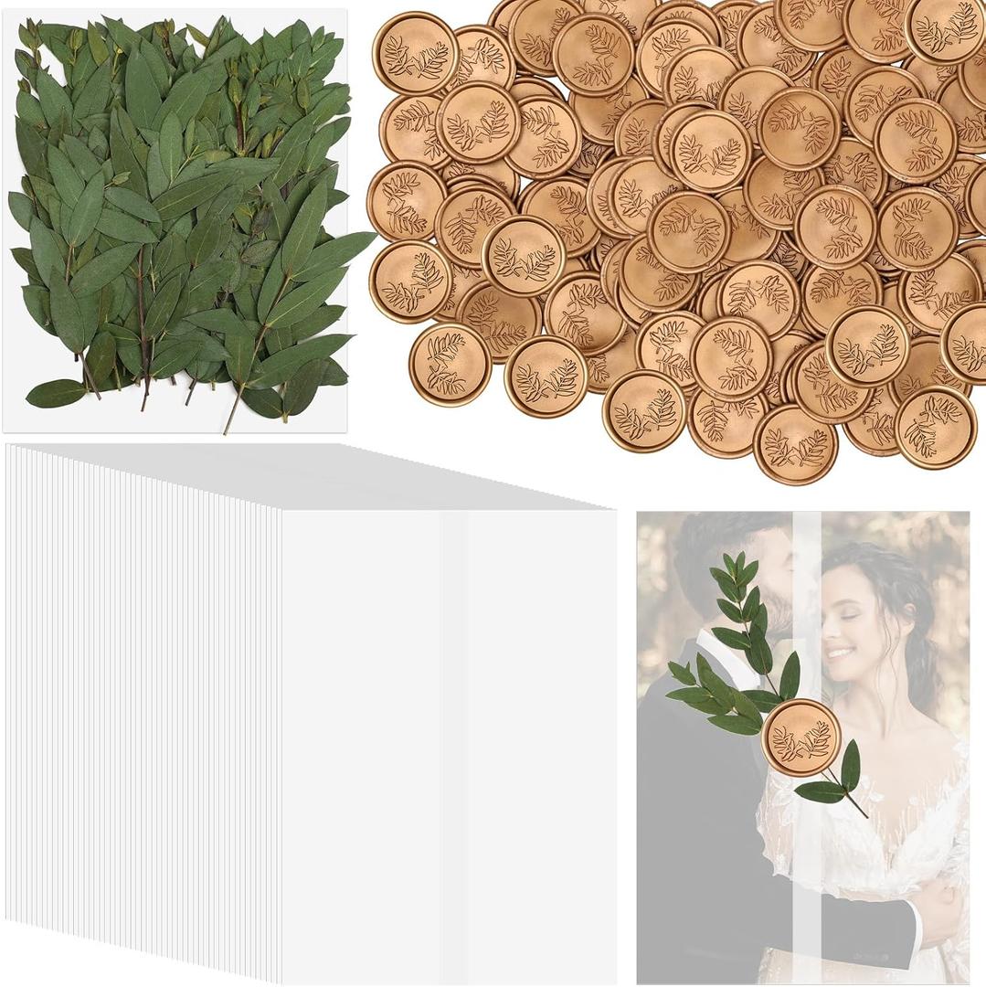Tigeen 100 Set Invitations Wraps Set Includes Pre Folded Vellum Jackets for 5 x 7 Invitations Dried Pressed Eucalyptus Leaves Eucalyptus Gold Wax Seal Stickers for Wedding DIY Craft Gift
