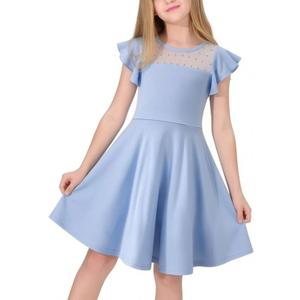 Little Bitty Girls Long Sleeve A-Line Tulle Princess Dress, Midi Length Casual Party Ribbed Knit Top Tulle Skirt (Light Blue, 7T)