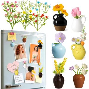 6Pcs Mini Vase Magnets for Fridge - 3D Plant Ceramic Vase Magnets with Flowers, Tiny Cute Magnetic Vases for Refrigerator Kitchen Locker Office Decoration