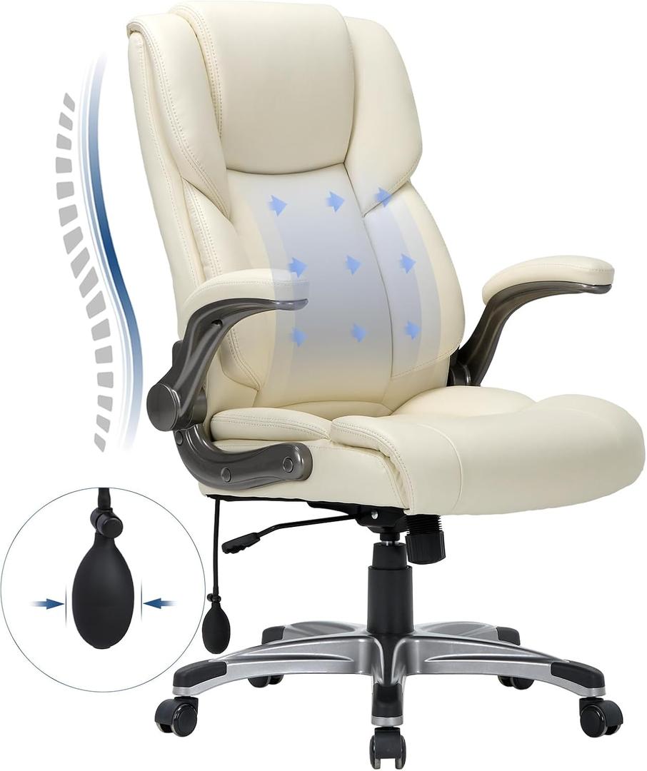 COLAMY High Back Executive Office Chair- Ergonomic Home Computer Desk Leather Chair with Padded Flip-up Arms, Adjustable Tilt Lock, Swivel Rolling Chair for Adult Working Study-Ivory (Set of 1), Ivory 