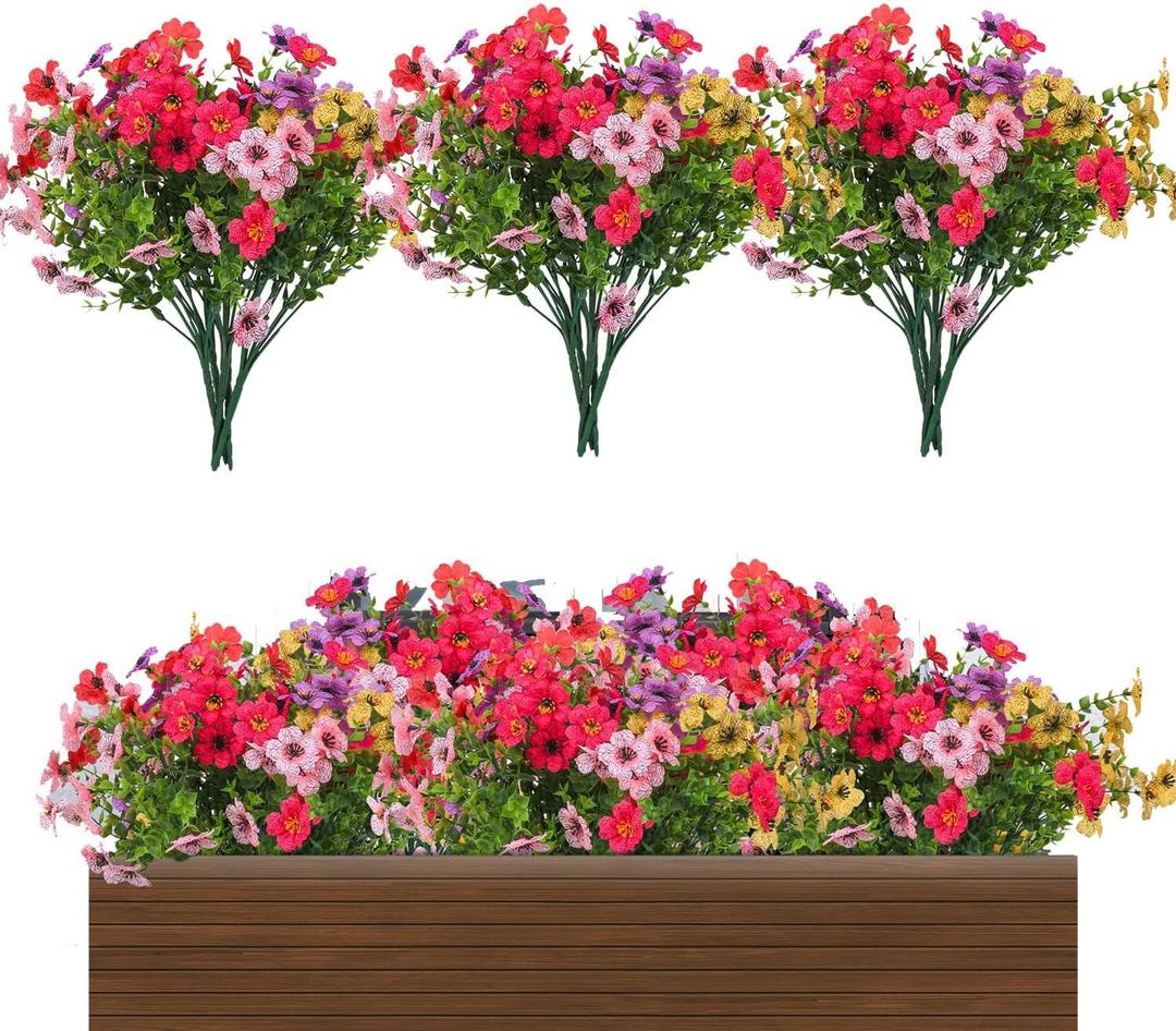 30 Bundles Fake Flowers for Outdoor Spring Summer Decoration Colorful Daisy Eucalyptus Realistic Artificial Plastic Plants for Home Planter Porch Window Box Yard