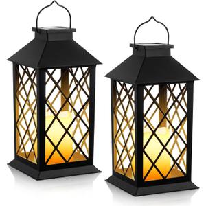 2 Pack Solar Hollow Lanterns Outdoor, Waterproof Patio Hanging Lanterns with LED Flickering Flameless Candle Lights, Decorative Solar Lantern for Porch, Garden, Patio, Yard, Table