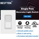 BESTTEN 20 Pack Single Pole Decorator Light Switch with Screwless Wall Plate, Paddle Rocker Wall Switch,15A 120/277V, On/Off Interrupter, UL Listed, W