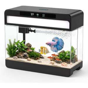Fish Tank Starter Kit, 3 Gallon Smart Aquarium for Beta, 3-in-1 Silent Water Pump with Filteration & Circulation & Oxygenation, Temperature Display, 7 Colors LED Lights (Black)