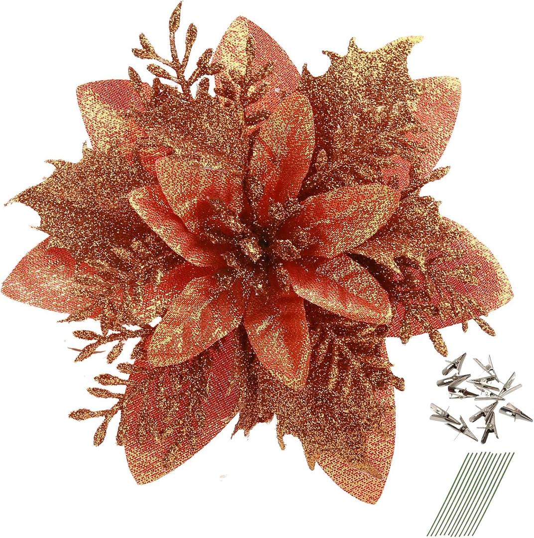 GREENTIME 12 Pcs Glitter Poinsettia 5.5" Artificial Flowers Christmas with Clips Stems Xmas Tree Ornaments for New Year Party Stairs Fireplace Porch Balcony Garden Church Wreath Decoration (Brown)