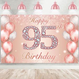 Happy 95th Birthday Rose Gold Banner Cheers to 95 Years Old Backdrop Confetti Balloons Theme Decor for Women 95 Years Old Pink Birthday Party Decorations Bday Supplies Background Favors Gift Glitter