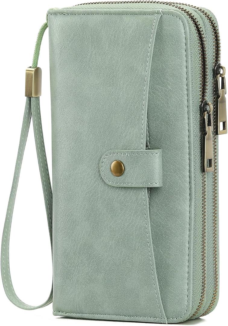 GAEKEAO Womens Wallet Large Capacity Double Zipper Ladies Card Phone Holder RFID Blocking Leather Clutch Wristlet Grip Strap (Green)