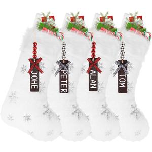 CCINEE 4PCS White Christmas Stockings with Wooden Name Tags,18 Inch Large Plush Personalized Xmas Stocking Glitter Snowflake Hanging Stocking for Christmas Tree Wall Fireplace Home Decoration