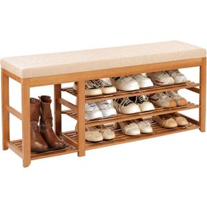 PETKABOO 47.2 in Shoe Rack Bench with Cushion, 3 Tier Bamboo Entryway Bench with Storage for Entryway, Hallway, Bedroom, Living Room