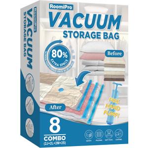 Space Saver Vacuum Storage Bags, 8 Combo (2Jumbo/2Large/2Medium/2Small) Sealer Bags with Pump, Clothing, Comforters, Blanket Storage, Bedding