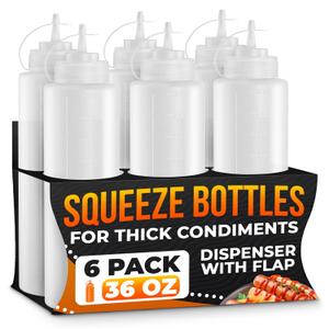 6-Pack Plastic Condiment Squeeze Bottles 36oz – Refillable Squirt Bottles with Narrow Tip, Leak-Resistant | Great for Oil, Sauces, Ketchup, Mayonnaise, Syrup, Dressing, BBQ Stations & Catering Use