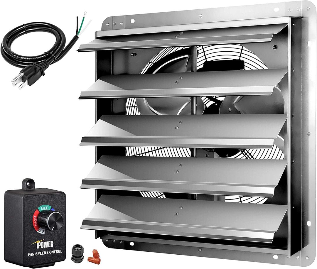 iPower 24 Inch Wall Mounted Shutter Exhaust Fan with Speed Controller and Power Cord Kit, Aluminum, 1400 RPM, 4016 CFM, for Attic, Garage, Louvered Vent, Plant, Greenhouse, Silver