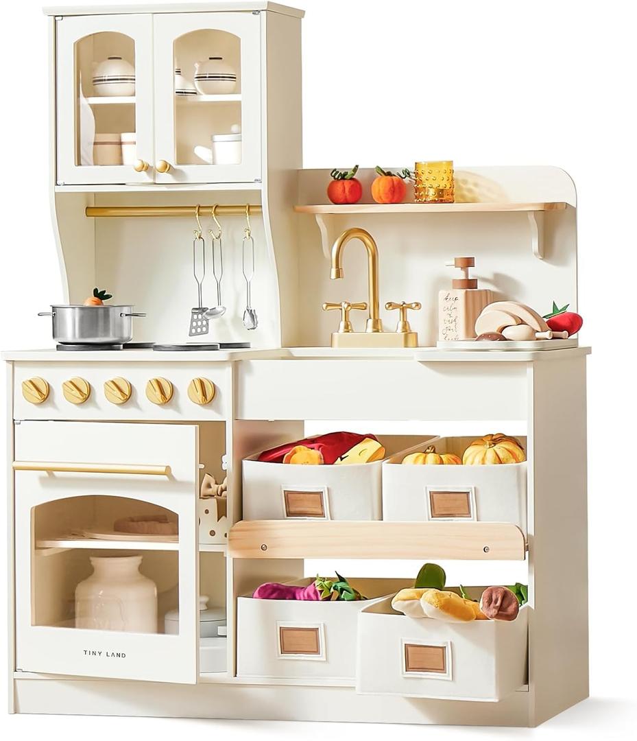 Tiny Land Play Kitchen for Kids with Storage System, Toy Kitchen Set with Plenty of Play Features Gift for Ages 3+ (White)
