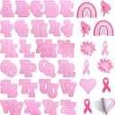 KINGSOW Self-Adhesive Letter Patches for Clothing: 64PCS Pink Buffalo Plaid Fabric Letters Stick on Patches - Ribbon Bows Embroidered Sew Applique for Breast Cancer Awareness Shirt Hat Backpack Socks