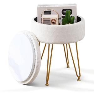 Wimarsbon Ottoman Footstools Round Velvet Footrest Stool with Storage Space Soft Vanity Chair with Memory Foam Seat Small Side Table Step Stool 4 Gold Metal Legs with Adjustable Footings Cream, Pack of 2