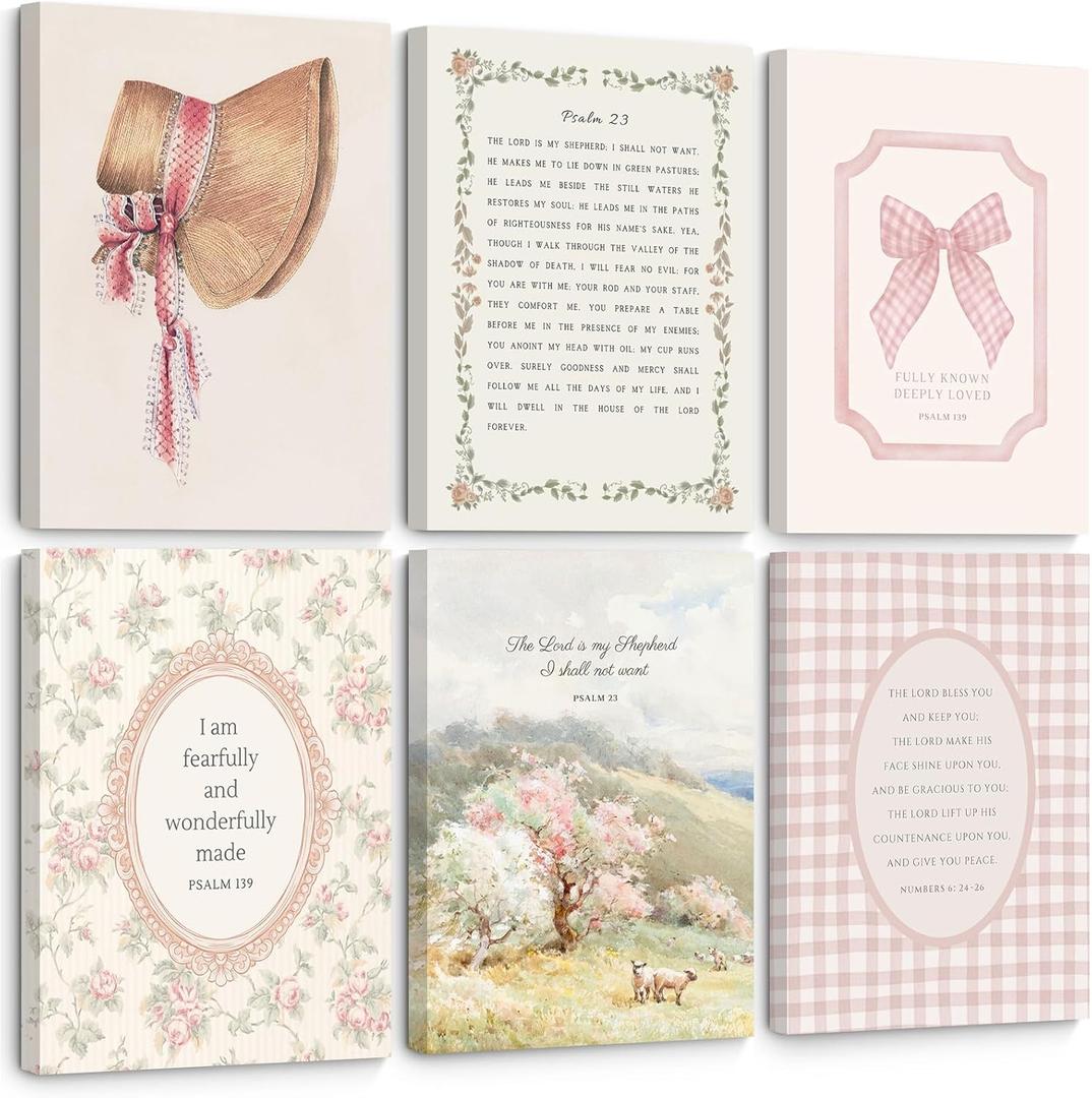 Christian Nursery Wall Art Bible Verse Canvas Wall Decor Pink Vintage Girls Nursery Poster Scripture Floral Bow Print Coquette Room Decor Pictures Jesus Artwork for Bedroom 8x10x6 Inch Wrapped Canvas