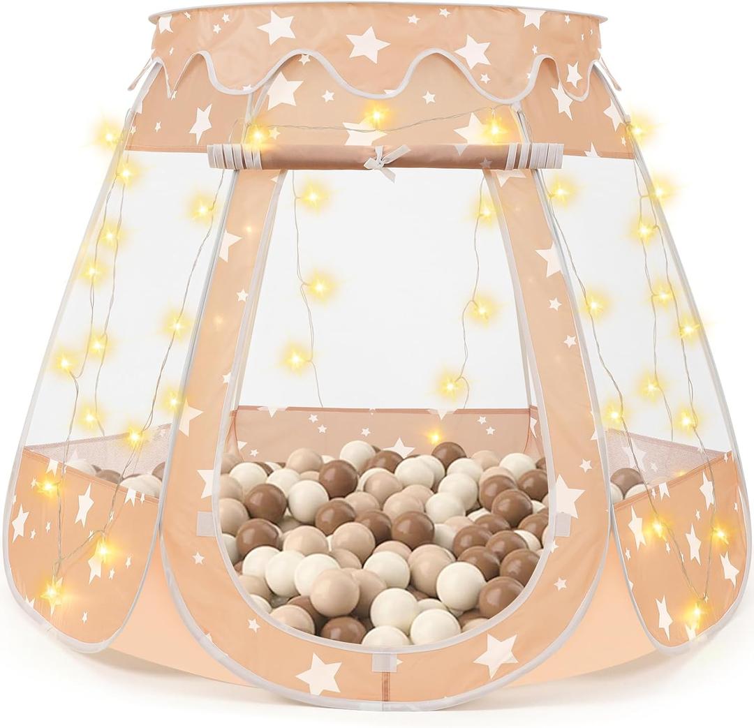 Pop Up Princess Tent with Star Light, Toys for 1 2 3 Year Old Girl Birthday Gift, Ball Pit for 12-18 Months Baby Girl Gifts Toddler Toys, Easy to Pop Up and Assemble(Brown)