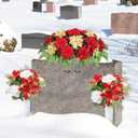 Giegxin 3 Pcs Christmas Headstone Flower Saddle Cemetery Flowers for Grave Red and Gold Poinsettia Berry Artificial Memorial Bouquets with Vase Outdoor Graveyard Decoration for Tombstone Headstone
