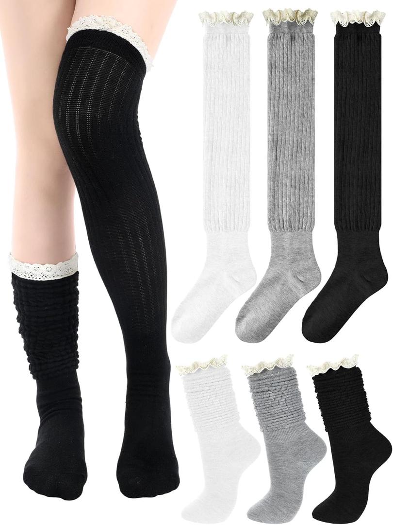 3 Pairs Women Cotton Knit Boot Socks Knee High Stockings with Lace Trim Slouch Stacked Scrunch Socks Free size (Black,white,gray)