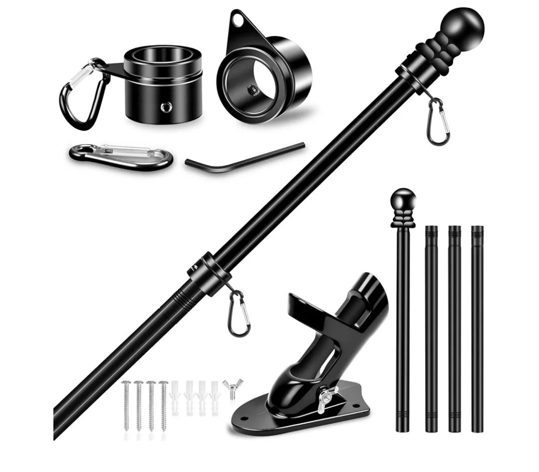 5 FT House Flag Pole Kit, 1" Spinning Thicken Stainless Steel Metal Flagpoles for Outside House Porch Post Wall Mount with 2-Position Flagpole Holder Bracket & 360° Flag Ring for 3x5 Flag(5 FT, Black)