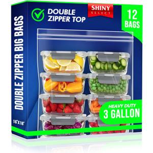 3-Gallon Double Zipper Jumbo Bags, 16x18, 2 Mil Thick, 12 Count - Heavy Duty Durable Storage Bags for Baby Items, School Supplies, Pants, Bedsheets, Pillowcases, Snacks, Meat Marinate