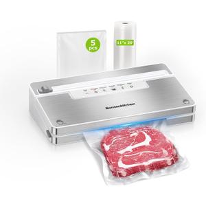 Bonsenkitchen Vacuum Sealer Machine, Stainless Steel Food Sealer Vacuum Sealers with 1 Roll & 5 Bags, 5 Food Vacuum Modes, Built-in Cutter & Bag Storage (White Silver)