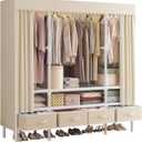 Portable Closet,Garment Rack,Heavy Duty Clothes Rack with Cover,Wardrobe Closet with 3 Hanging Rods, 6 Storage Shelves and 4 Drawers,55.1" L x 17.7" W x 67.7" H,Pale Yellow