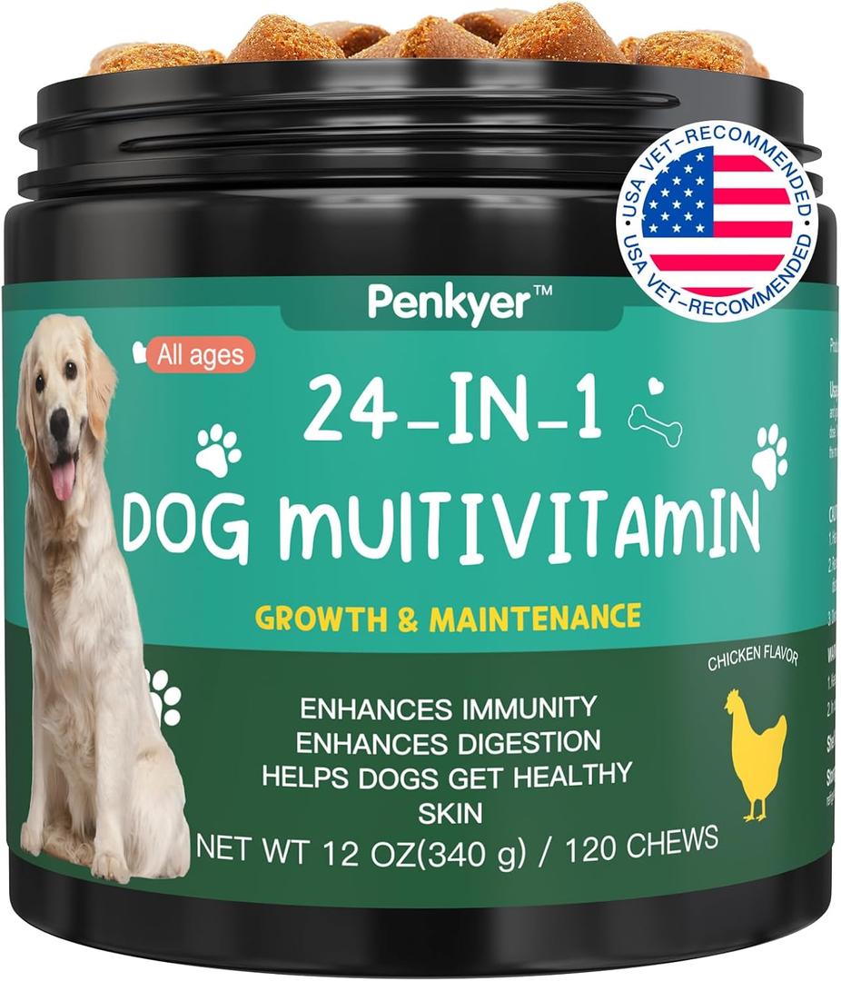 Dog Vitamins and Supplements, Senior & Puppy Multivitamin for Dogs Support with Glucosamine Chondroitin Omega Probiotics - Dog Multivitamins Chewable for Hip & Joint, Skin, Immune - (Chicken 120 Ct), EXP 6/10/2026