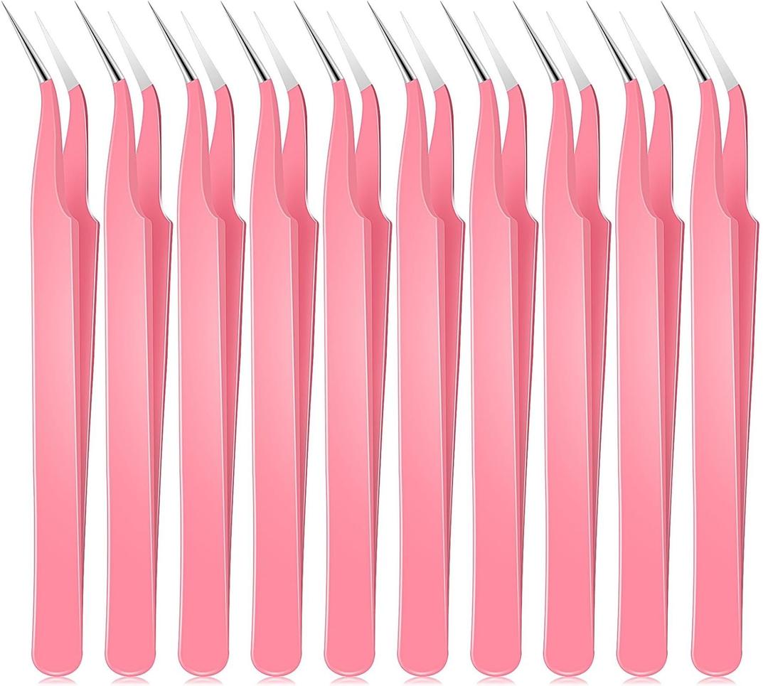 Honoson 10 Pieces Curved Pointed Craft Tweezers Stainless Steel Precision Tweezer with Protective Cover for Rhinestones Dried Flowers Craft Stickers Eyelash Extension Jewelry Making(Pink)