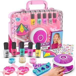 Amagoing Kids Nail Polish Set for Girls, All-in-One Nail Art Kit with Storage Box Ages 6-8, Non Toxic Nail Polish, Nail Dryer, Mermaid Hair Clip, Little Girl Toys Birthday Gift for 5 6 7 8 Years Old