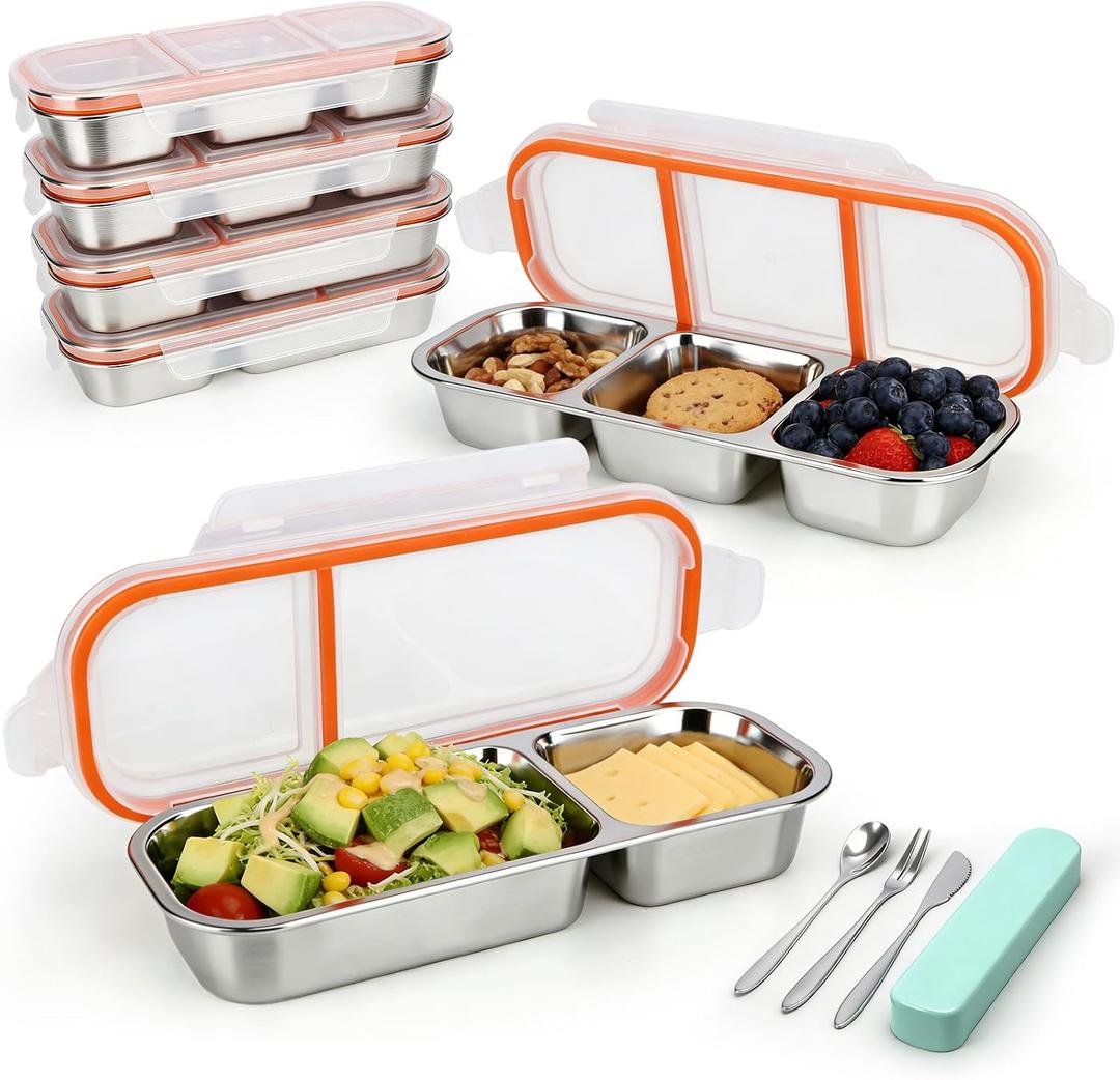 5-Piece Stainless Steel Bento Box Set – 2x 3-Compartment & 2x 2-Compartment Reusable Lunch Containers with Lids + Portable Cutlery Kit for Work, Travel, Outdoor & Daily Meal Prep (Orange)