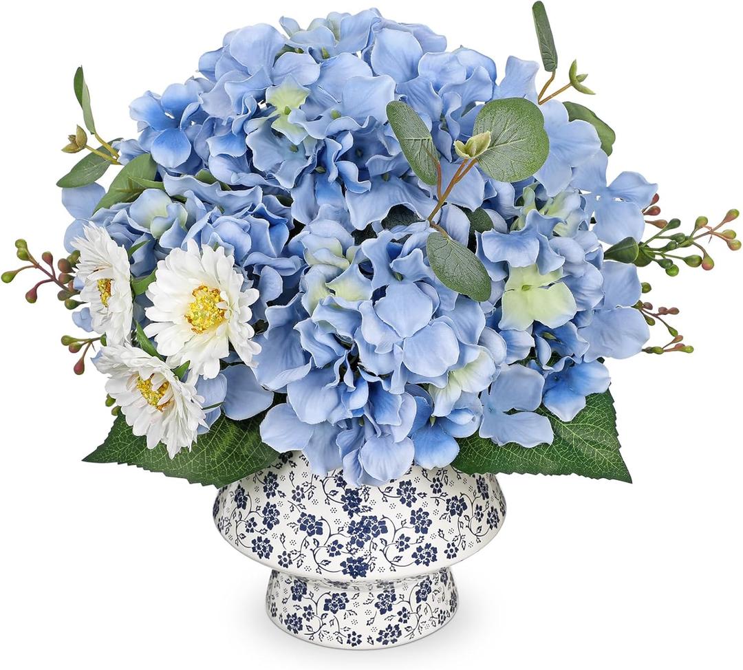 Briful Centerpiece for Dining Table with Faux Hydrangea, Artificial Blue Hydrangea Arrangement in Blue & White Vase, Dining Table Decor Farmhouse Coffee Table Decor, Fake Flowers in Vase Home Decor