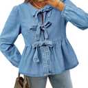 Tankaneo Womens Denim Tie Front Tops Babydoll Peplum Cute Blouse Puff Long Sleeve Going Out Jean Shirts (Medium, Light Blue)