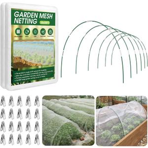 Garden Netting Kit for Raised Beds, 10x50FT Ultra Fine Mesh Netting＆ 6 Sets of 8FT Fiberglass Garden Hoops, Row Cover Insect Netting for Vegetable Plant Fruit Flowers Protection