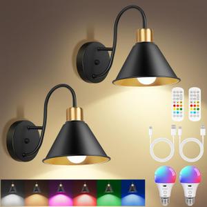 Frideko Rechargeable Wall Sconces Set of Two with Remote, RGB 15 Colors Dimmable Battery Operated Wall Lights, Indoor Black wall lamp with 4 Timer, Wireless Sconce Lighting for Living Room Bedroom