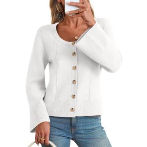 Saodimallsu Womens Bell Sleeve Cardigan Sweaters Button Down Long Sleeve Fall Trendy Sweaters 2025 U Neck Knit Outwear (White, L)