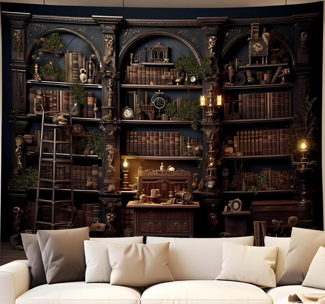 Medieval Bookshelf Tapestry Vintage Bookcase Library Backdrop Old Books Dark Academia Large Tapestries Wall Hanging for Bedroom Living Room Office Zoom Background 90x70in