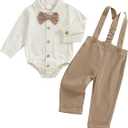 Infant Baby Boys Gentleman Outfits Long Sleeve Bowtie Romper+Suspender Overalls Pants Set Wedding Set Formal. 12-18 Months