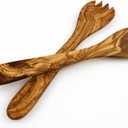 Olive Wood Salad Server Set - 12 Inch Wooden Tongs - Rustic French Style